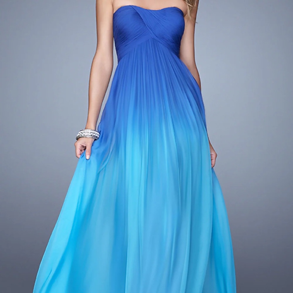 La Femme- Elegant Blue Ombre Strapless Dress